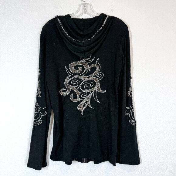 Y2K Black Zip Up Hoodie Jacket Tribal Embroidery Boho Goth Festival Large - Picture 3 of 12